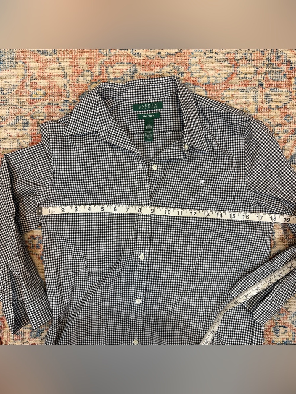 Lauren Ralph Lauren GINGHAM Button Up Shirt Top Black White Cotton Size S Preppy - Picture 9 of 10